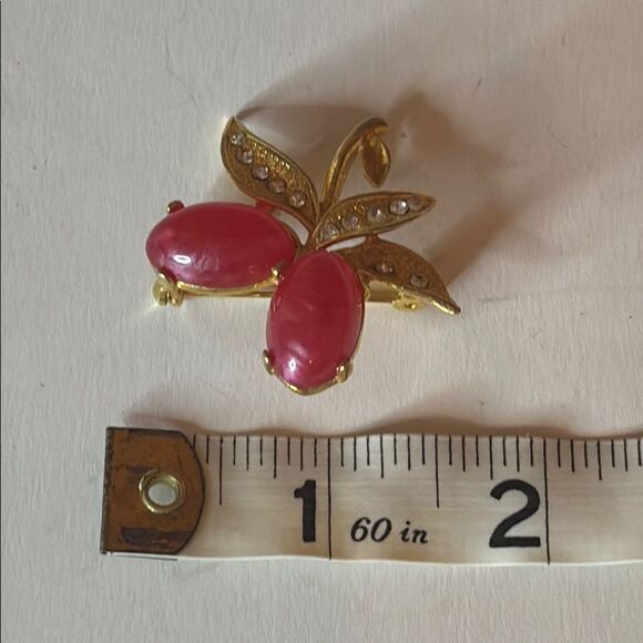 Gold tone and Red Acrylic Berry Brooch with Rhinestone Leaf Accents - Picture 5 of 5